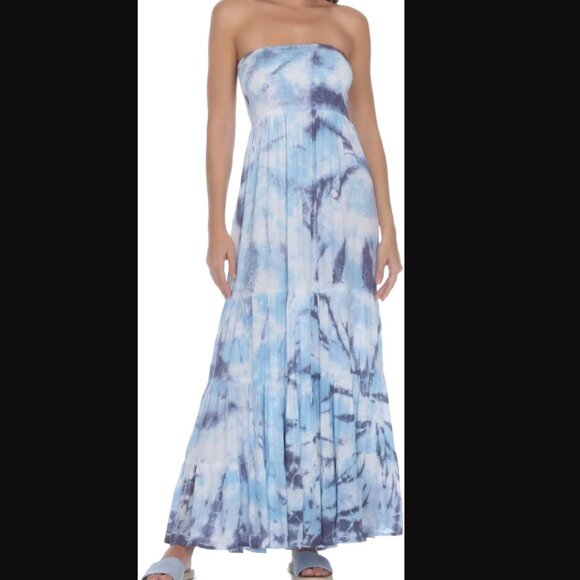 1X Raviya Women's Plus Size Strapless Tiered Maxi Dress Cover-Up Sky Tie Dye - Picture 1 of 5